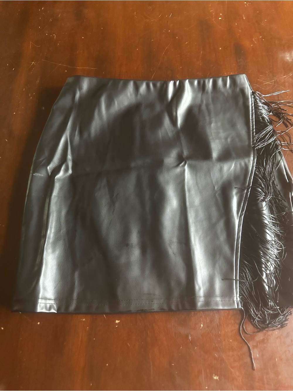 Ella Black Faux Leather Mini Skirt with Side Fringe